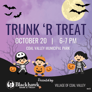 Halloween event at Coal Valley Park with kids in skeleton costumes and pumpkins.